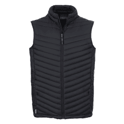 A black thermal vest with a zipped front and a high collar. It features a quilted design and a logo.