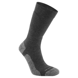 A grey sock featuring a ribbed texture and reinforced toe and heel areas. It has a branding logo on it.