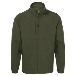 A softshell jacket in a dark green colour, featuring a zip front and multiple pockets. It has a logo on it.