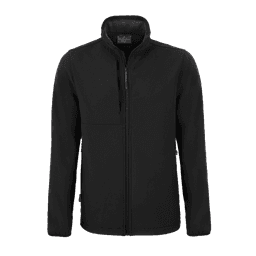 A black softshell jacket featuring a full zip and a front pocket, with a subtle logo on the chest.