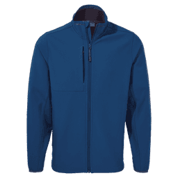 A blue softshell jacket featuring a zippered front and a chest pocket, also includes a logo.