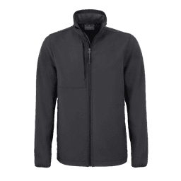 A black softshell jacket with a zip front and a high collar, featuring a logo on the chest.