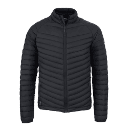A black puffer jacket with a zip front and horizontal stitching, featuring a logo on the left side.