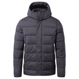 A winter padded jacket in dark grey featuring a hood and zippered pockets, with a plain design and branding.