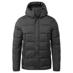 A black puffer jacket with a hood and zippered pockets, featuring a quilted design and a sleek silhouette.
