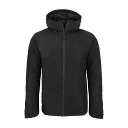 A black thermal insulated jacket with a hood and zippered front, featuring side pockets and a logo.