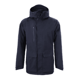 A navy jacket featuring a hood, zippered front pocket, and two large front pockets. It has a logo on it.