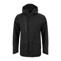 A black jacket with a hood, featuring zippers and pockets, designed for multifunctional use.