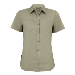A short-sleeved, button-up women's shirt in a light green colour, featuring one chest pocket and a small logo.