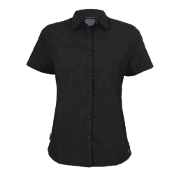 A women's short-sleeve shirt in black, featuring a button-up front and a single chest pocket. It includes a logo.