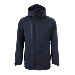 A navy rain jacket with a hood, featuring front pockets and a zippered chest pocket. Includes branding.