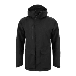A black rain jacket with a hood, featuring front pockets and a zippered chest pocket. Includes a logo on the design.