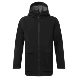 A black Gore-Tex rain jacket featuring a hood and front pockets, with a branding logo.