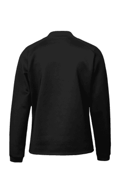 A black hybrid jacket with a plain back, featuring a rounded collar and long sleeves. It has a logo on the back.