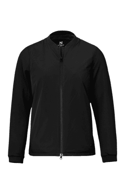 A hybrid jacket in black featuring a simple design and a zippered front, with a logo on the collar.