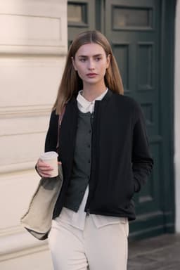 A woman in a black hybrid jacket holds a coffee cup, standing in front of a green door, wearing neutral-toned trousers.