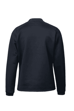 A dark navy hybrid jacket with a simple design and a branding logo on the back.