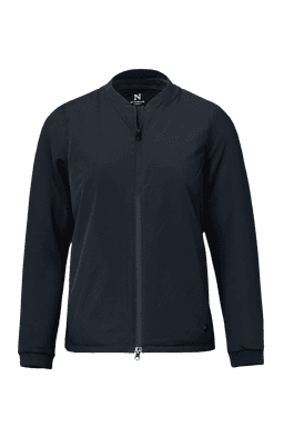 A women's hybrid jacket in navy, featuring a zip front and a logo on the interior label.