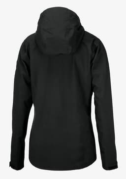 A black rain jacket with a hood, featuring a fitted design and a visible logo.
