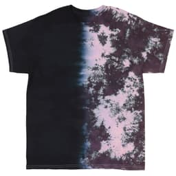 A tie-dye T-shirt featuring a gradient of black to purple and pink with a unique pattern. It has a logo on it.