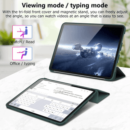 A tablet case with a tri-fold front cover, featuring a magnetic stand, displayed in viewing and typing modes. Green colour.