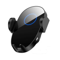 A black wireless car charger featuring an oval design, with adjustable side grips and a blue indicator light.