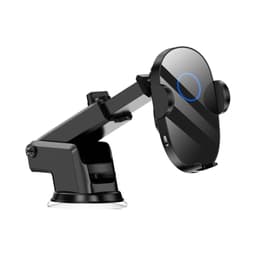 A black car phone holder designed with a suction base and an adjustable arm for secure phone placement.
