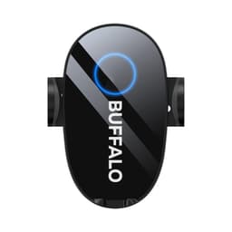 A black car charger with a circular LED indicator and a branding logo, designed for wireless phone charging.