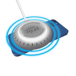 A silver and white 15W fast wireless charger with a charging phone, featuring a logo on the surface.