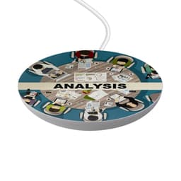 A round, white wireless charger featuring a colourful design of a collaborative workspace with various documents and notes.