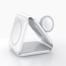 A white, triangular wireless charger with a magnetic attachment. Features a clean, modern design suitable for technology use.