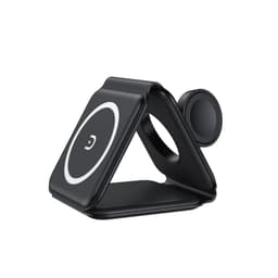 A black 3-in-1 magnetic wireless charger with a triangular design and a circular charging surface.