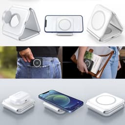 A white 3-in-1 magnetic wireless charger, designed for phones and accessories, featuring a compact and portable design.