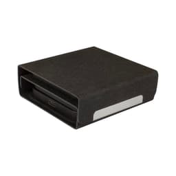 A black wireless charger with a textured finish and a sleek design, featuring a charging port and branding.