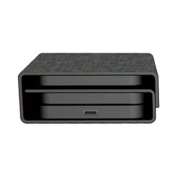 A black wireless charger with a textured finish, featuring a compact, modern design and a USB-C port.
