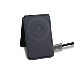 A black magnetic card wallet and wireless charging stand with a cable attached. It features a logo on the surface.