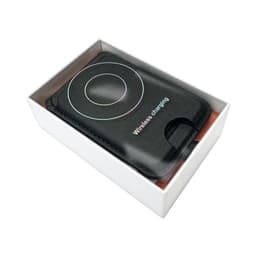A black magnetic card wallet and wireless charging stand in a white box. It includes a branding logo.