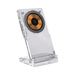 A clear acrylic wireless charging stand featuring a circular charging pad with a gold and black centre.