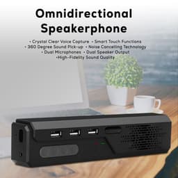 A black omnidirectional speakerphone with multiple buttons and ports, designed for high-fidelity sound quality.