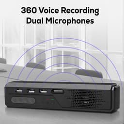 A black omnidirectional speaker phone with dual microphones and multiple USB ports, featuring soundwave graphics.