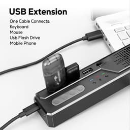 A USB extension hub in black connects to a laptop, featuring multiple ports for keyboard, mouse, USB drive, and mobile phone.