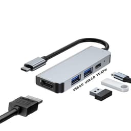 A silver USB Type-C hub featuring two USB 3.0 ports, a USB 2.0 port, an HDMI port, and power delivery.