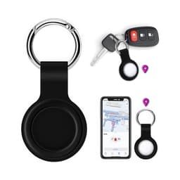 A black silicone Airtag case with a metal keyring, displayed alongside keys and a smartphone showing a map.