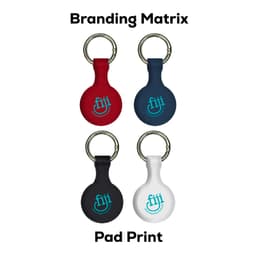 A set of four Aspen Silicone Airtag Cases in red, navy, black, and white, featuring keyring attachments.
