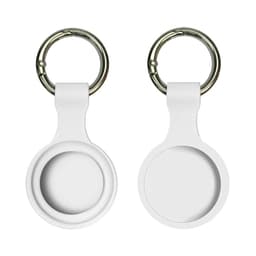 A white silicone Airtag case with a round design and keyring attachment, featuring a branding logo.