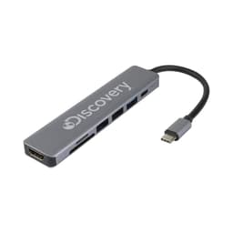 A grey Type-C hub featuring multiple ports including Type-C, Type-A, HDMI, and an SD card slot. It has a logo.