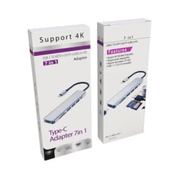 A Type-C adapter in a box, featuring multiple ports including HDMI and USB, displayed in a white package with branding.