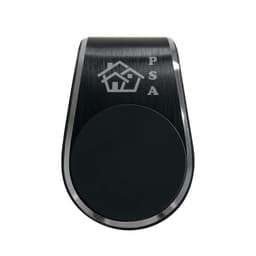 A magnetic car phone holder in black with a sleek metallic finish and a logo.