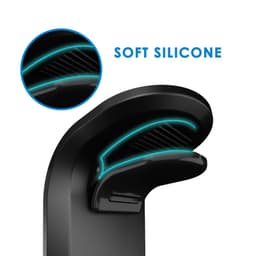 A black magnetic car phone holder with soft silicone detailing and a logo, featuring a sleek design.
