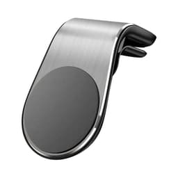 A metallic car phone holder with a sleek design featuring a circular magnetic surface and a clip attachment.